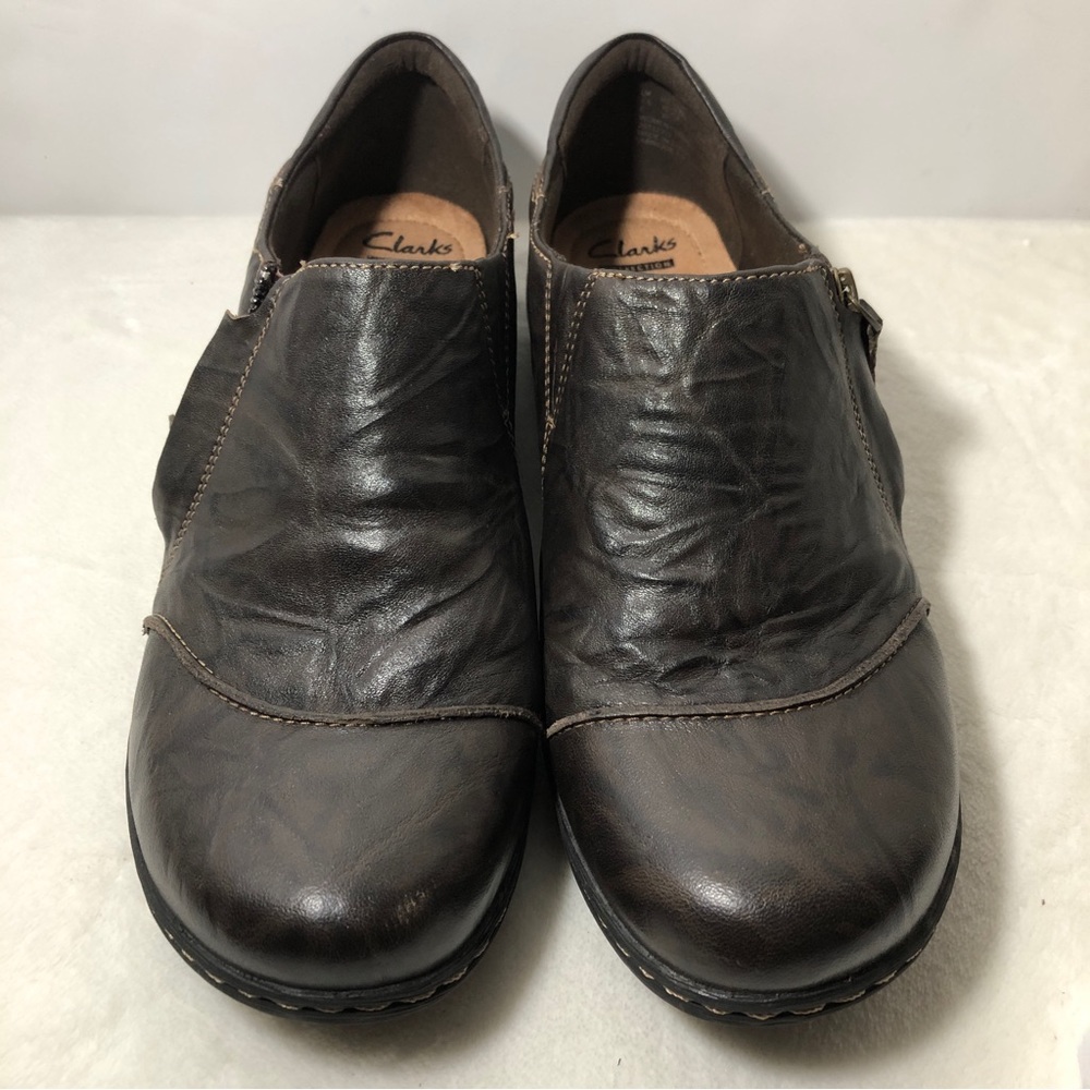 Clarks Collection Shoes Women 10W Soft Cushion Brown Tooled Leather SlipOn Flats
